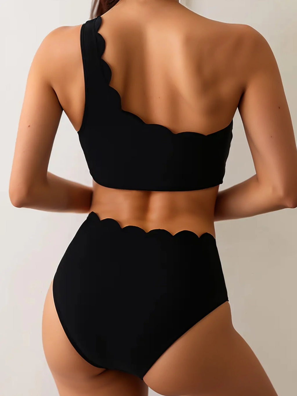 Scalloped One Shoulder High Waist Bikini Set Black White Swimwear