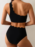 Scalloped One Shoulder High Waist Bikini Set Black White Swimwear