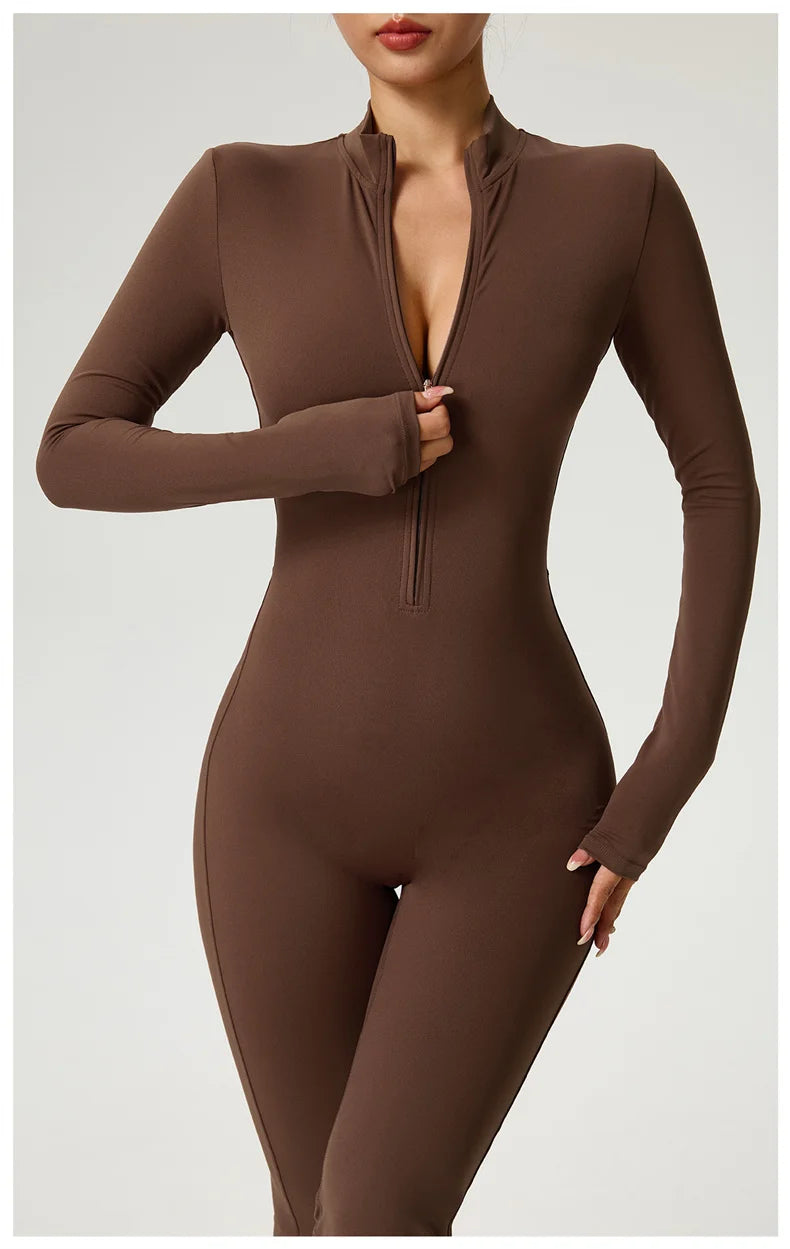 Long Sleeve Zip Front Jumpsuit Women High Neck Flare Leg Stretch Catsuit