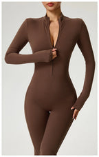 Long Sleeve Zip Front Jumpsuit Women High Neck Flare Leg Stretch Catsuit