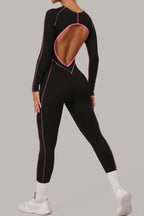 Long Sleeve Backless Jumpsuit Women Hollow Out Contrast Trim Sculpting Catsuit
