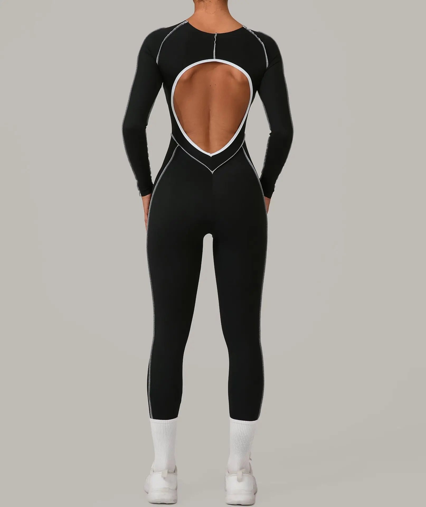 Long Sleeve Backless Jumpsuit Women Hollow Out Contrast Trim Sculpting Catsuit