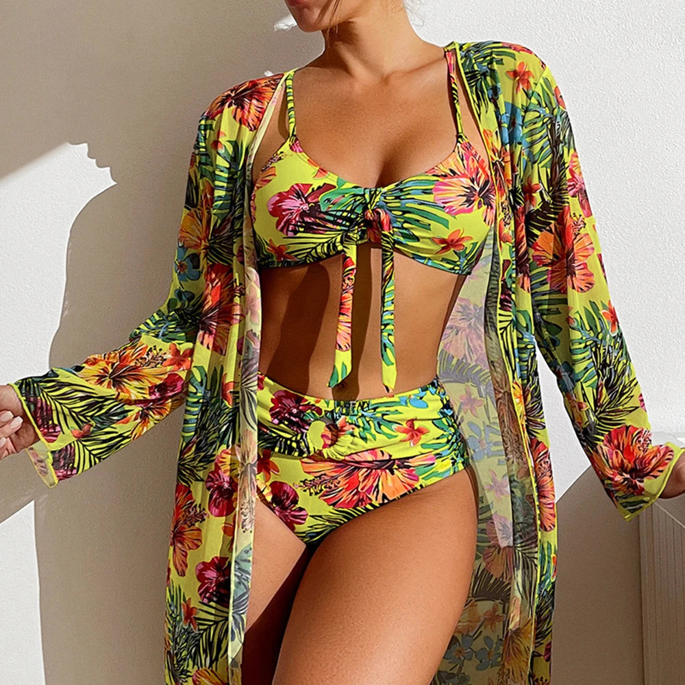 Floral High Waist Bikini Set With Mesh Cover Up Swimwear