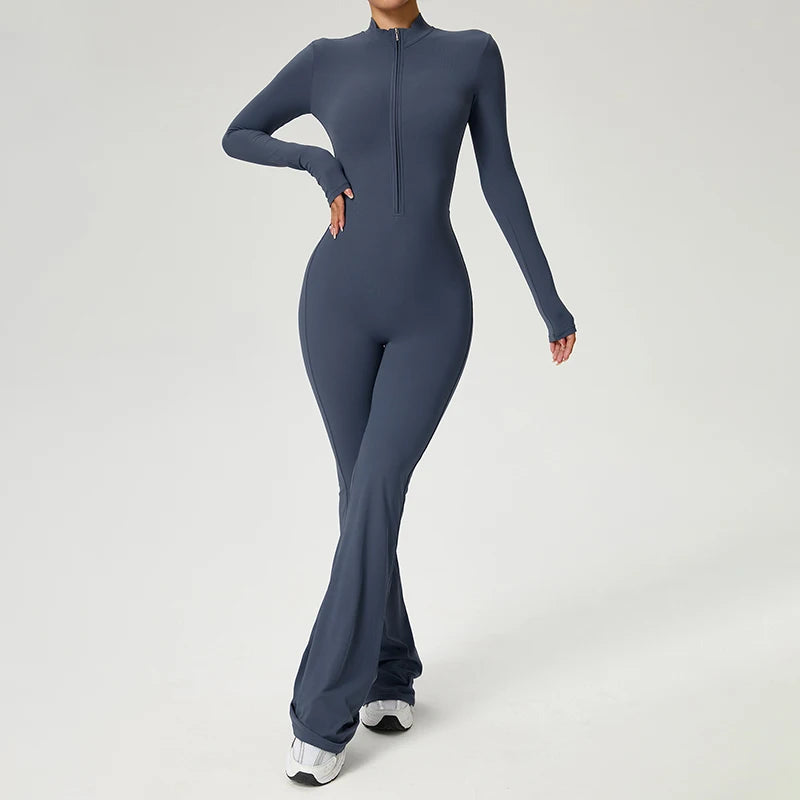 Long Sleeve Zip Front Jumpsuit Women High Neck Flare Leg Stretch Catsuit