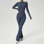 Long Sleeve Zip Front Jumpsuit Women High Neck Flare Leg Stretch Catsuit