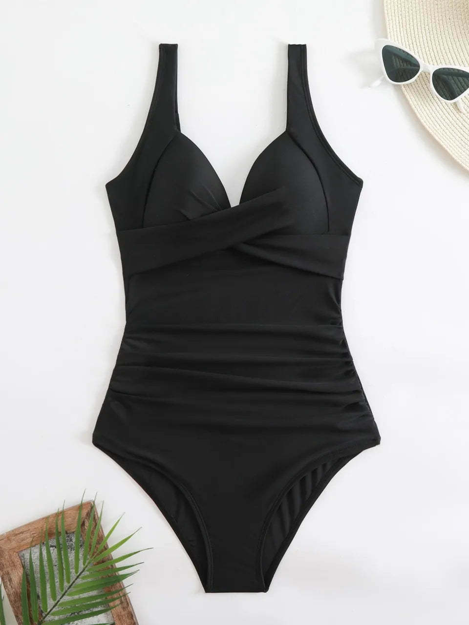 Cross Wrap Ruched One Piece Swimsuit Adjustable Strap Monokini