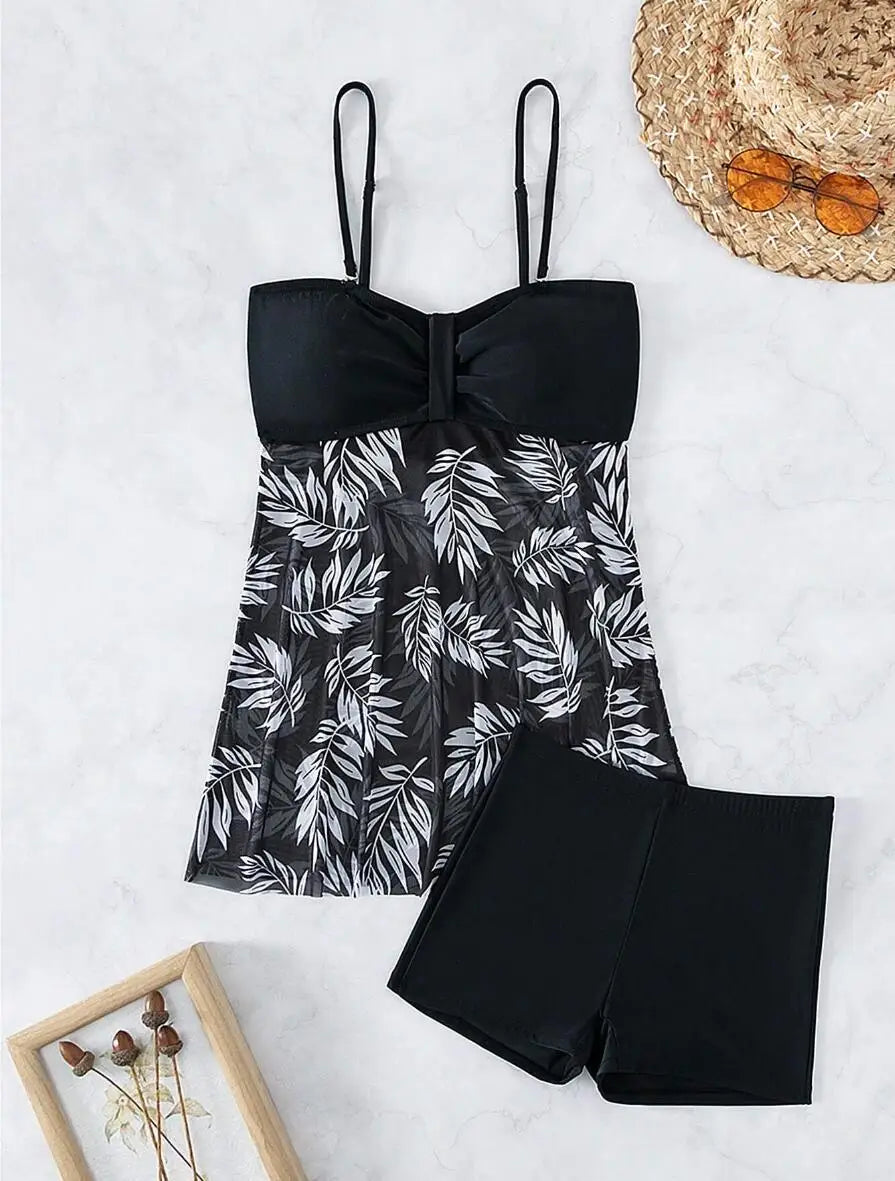Ruched Bandeau Tankini Set Mesh Skirt Swimwear