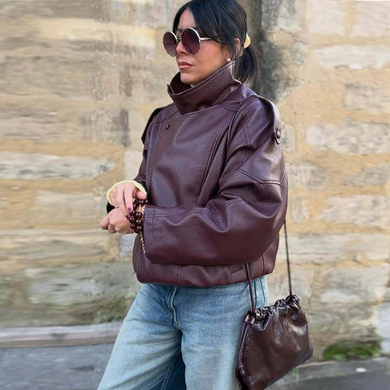 Jaqueta Bomber Oversized Couro PU Texturizado