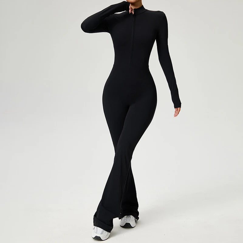 Long Sleeve Zip Front Jumpsuit Women High Neck Flare Leg Stretch Catsuit