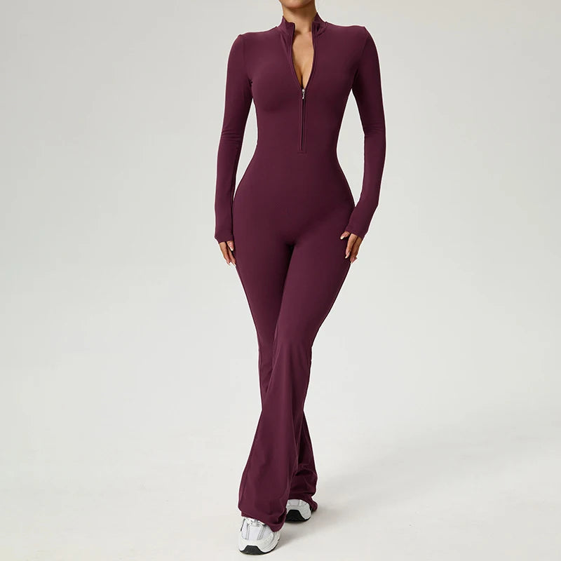 Long Sleeve Zip Front Jumpsuit Women High Neck Flare Leg Stretch Catsuit