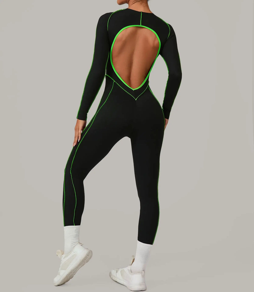 Long Sleeve Backless Jumpsuit Women Hollow Out Contrast Trim Sculpting Catsuit