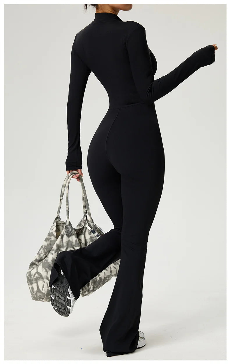 Long Sleeve Zip Front Jumpsuit Women High Neck Flare Leg Stretch Catsuit