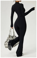 Long Sleeve Zip Front Jumpsuit Women High Neck Flare Leg Stretch Catsuit