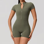 Short Sleeve Backless Yoga Jumpsuit Women Zip Front Fitness Romper
