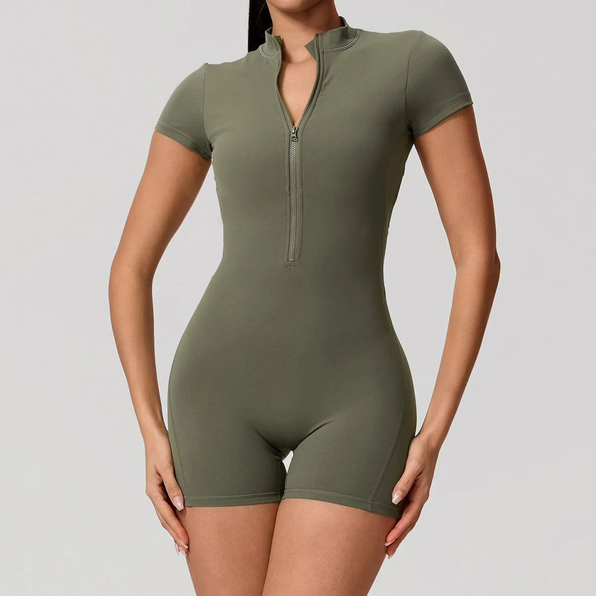 Short Sleeve Backless Yoga Jumpsuit Women Zip Front Fitness Romper