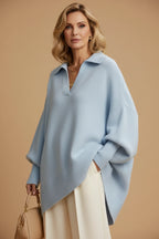 Suéter de Tricô Oversized com Gola Polo e Barra Assimétrica