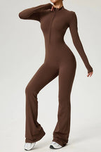 Long Sleeve Zip Front Jumpsuit Women High Neck Flare Leg Stretch Catsuit