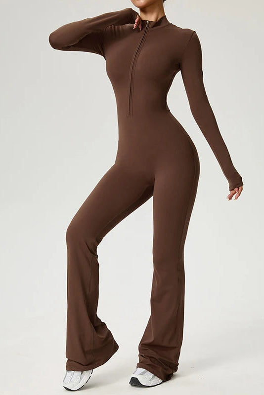 Long Sleeve Zip Front Jumpsuit Women High Neck Flare Leg Stretch Catsuit