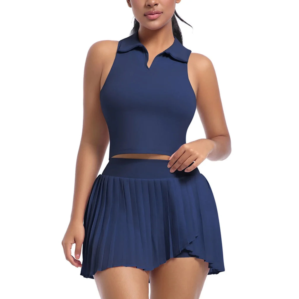 Tennis Skirt Set High Waist Pleated Polo Crop