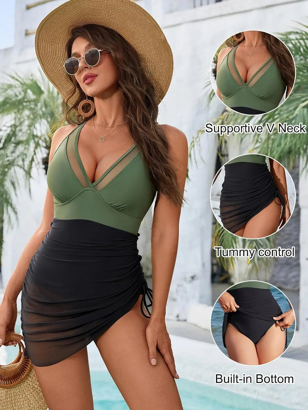 Mesh Ruched One Piece Swimsuit Adjustable Strap Monokini