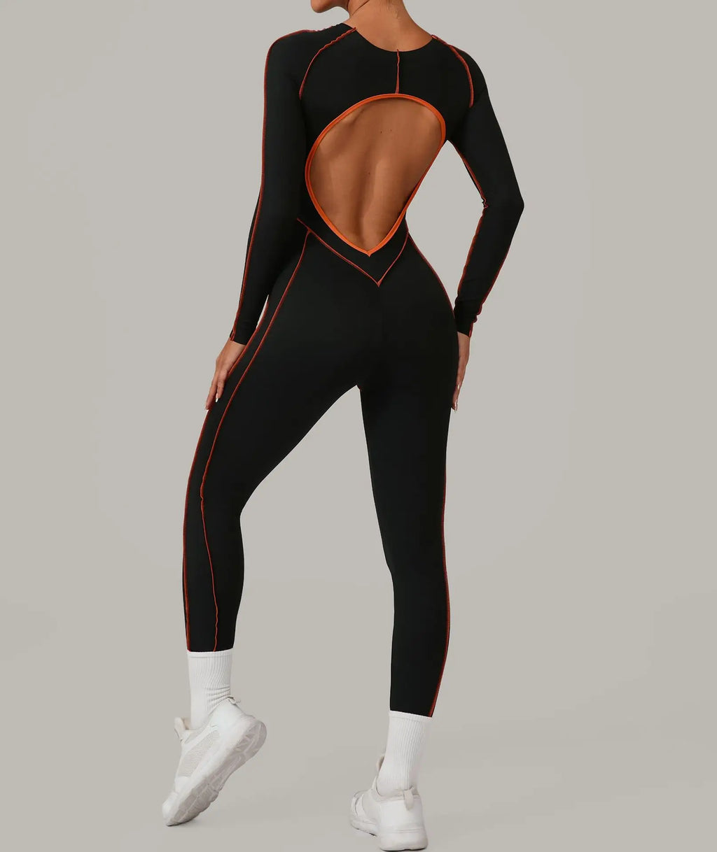Long Sleeve Backless Jumpsuit Women Hollow Out Contrast Trim Sculpting Catsuit
