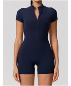 Short Sleeve Backless Yoga Jumpsuit Women Zip Front Fitness Romper