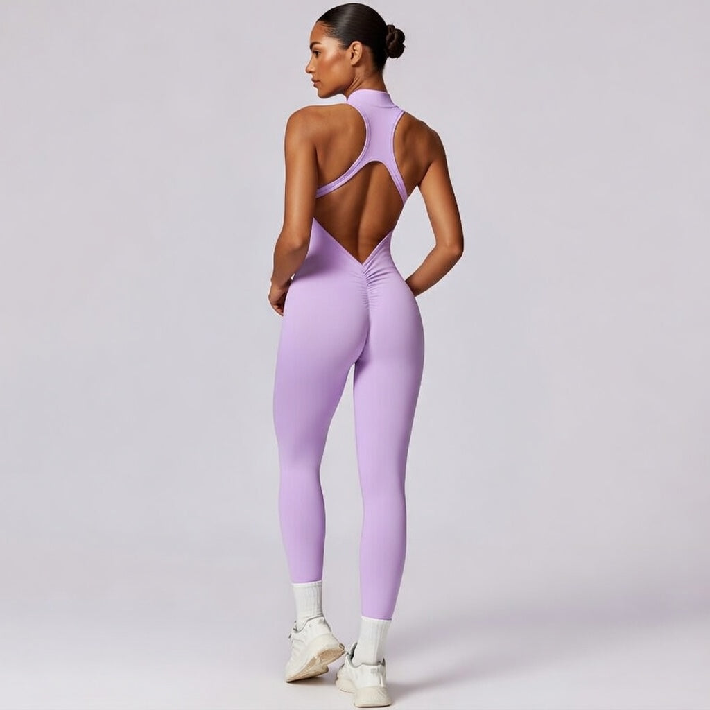One-Piece Activewear Jumpsuit - V-Back Zip Front with Sculpting Fit