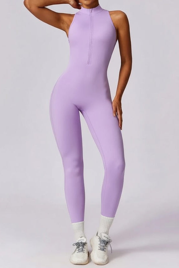 One-Piece Activewear Jumpsuit - V-Back Zip Front with Sculpting Fit