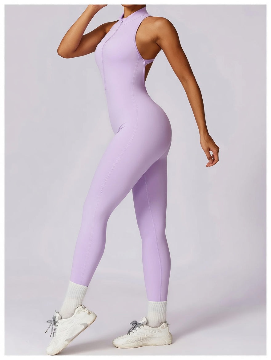 One-Piece Activewear Jumpsuit - V-Back Zip Front with Sculpting Fit